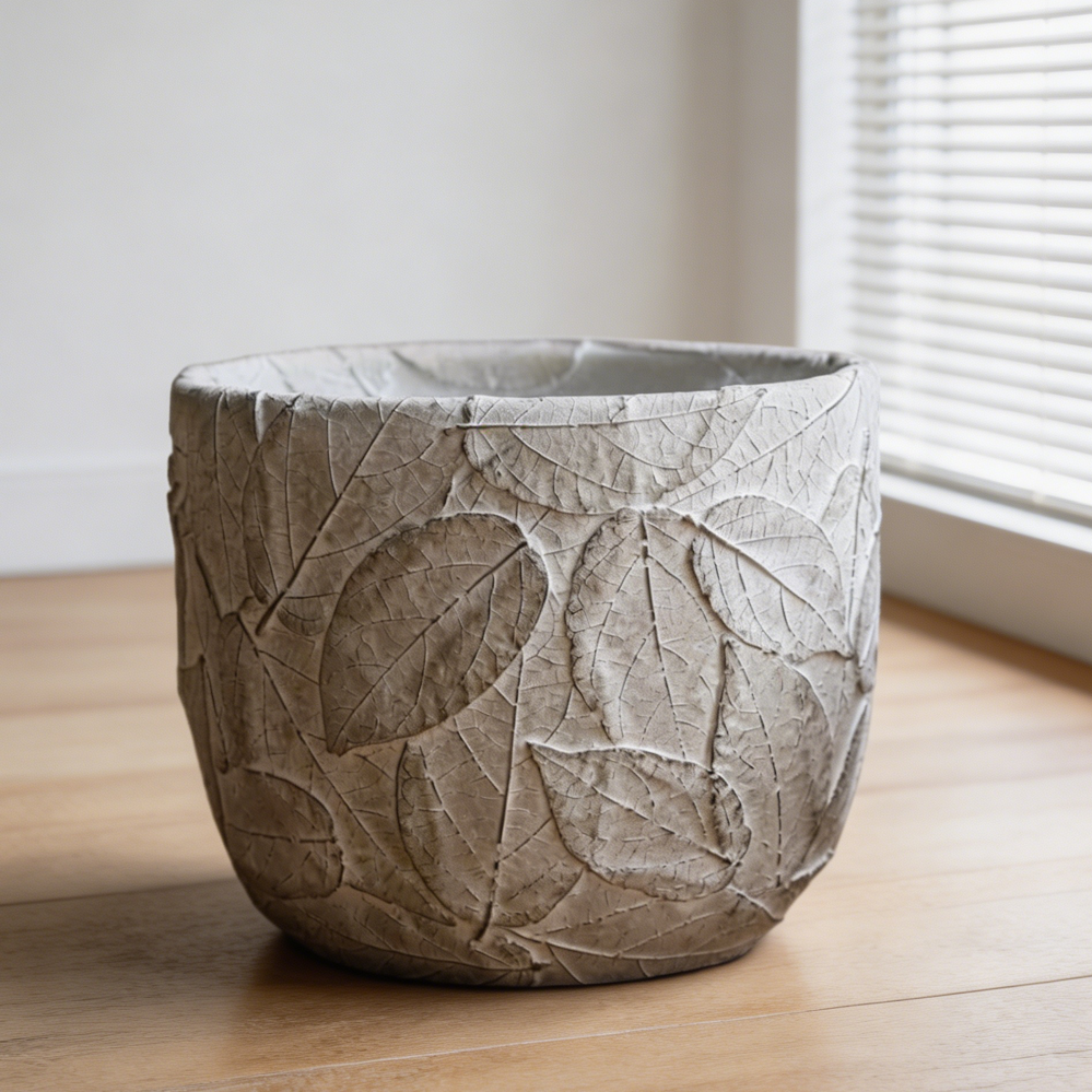 Large Embossed Leaves Cement Planter - Image 2
