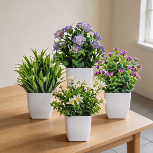 4-Pack Mini Artificial Plants with Flowers Spring Decor