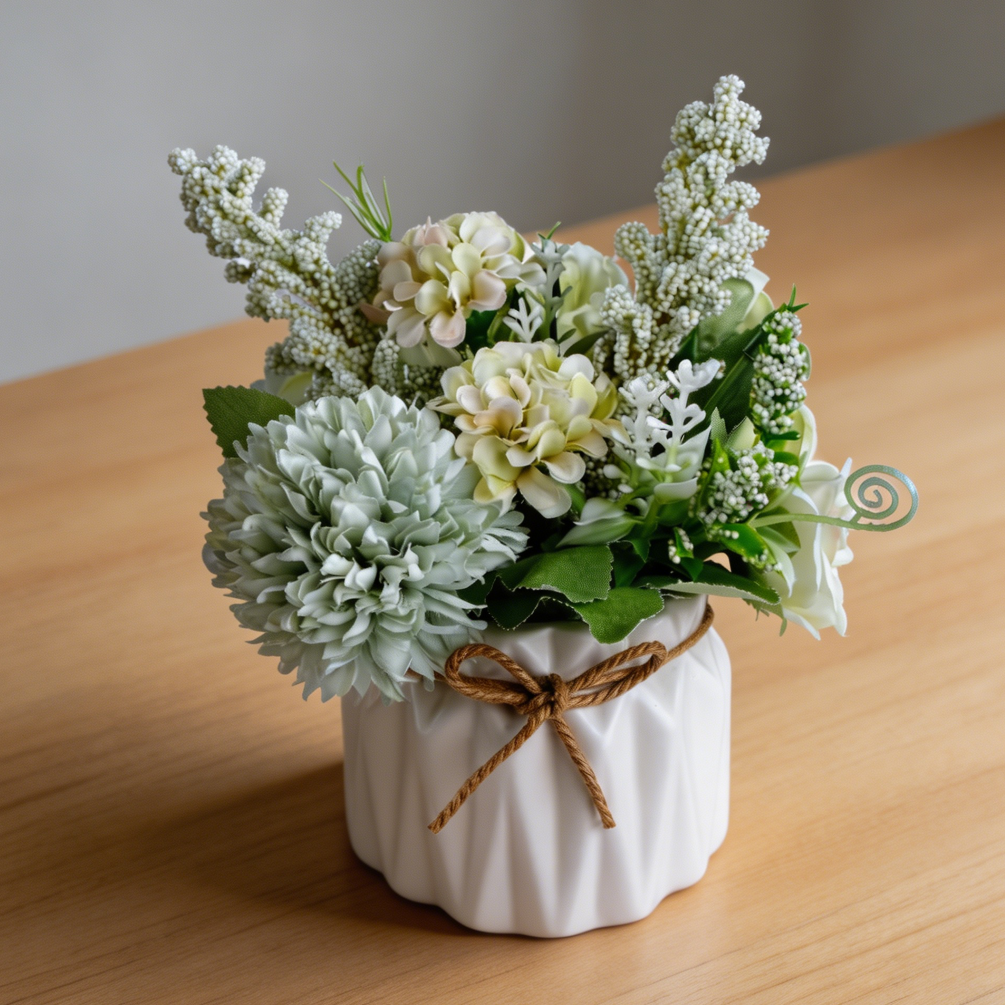 Green Artificial Hydrangea in Small Ceramic Vase - Image 2