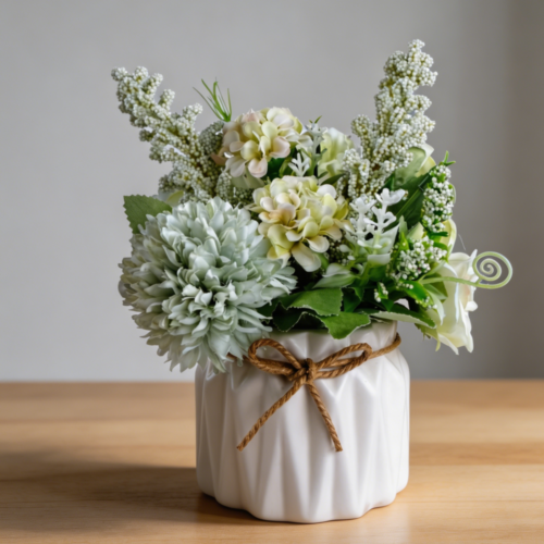 Green Artificial Hydrangea in Small Ceramic Vase