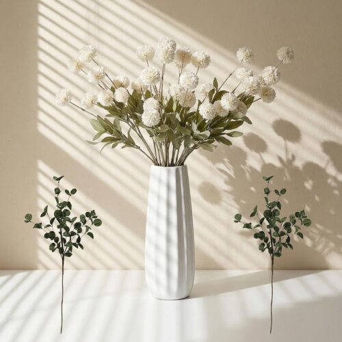 10 Pcs White Silk Mini Chrysanthemum with 2 Eucalyptus Stems