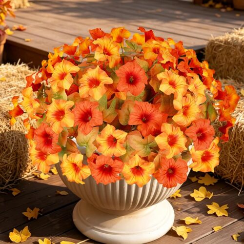 6 Pcs Orange/Yellow UV Resistant Faux Petunia Stems