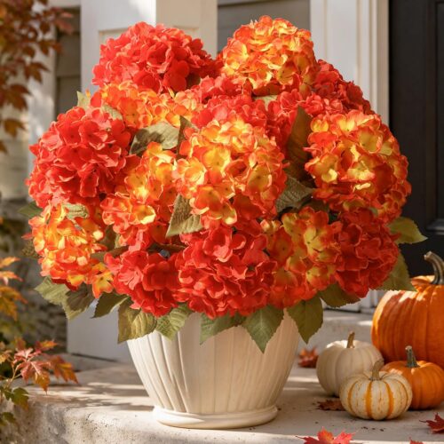 4 Pcs Orange/Yellow UV Resistant Silk Hydrangea Stems